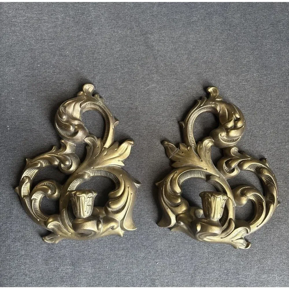 Vintage Holland Mold Gold Tone Metal Wall Candle Sconces Pair Ornate Baroque
